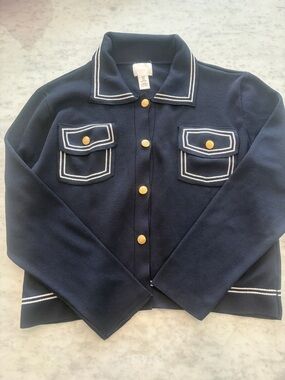 H&M Navy Cardigan Jacket with White Trim and Gold Buttons